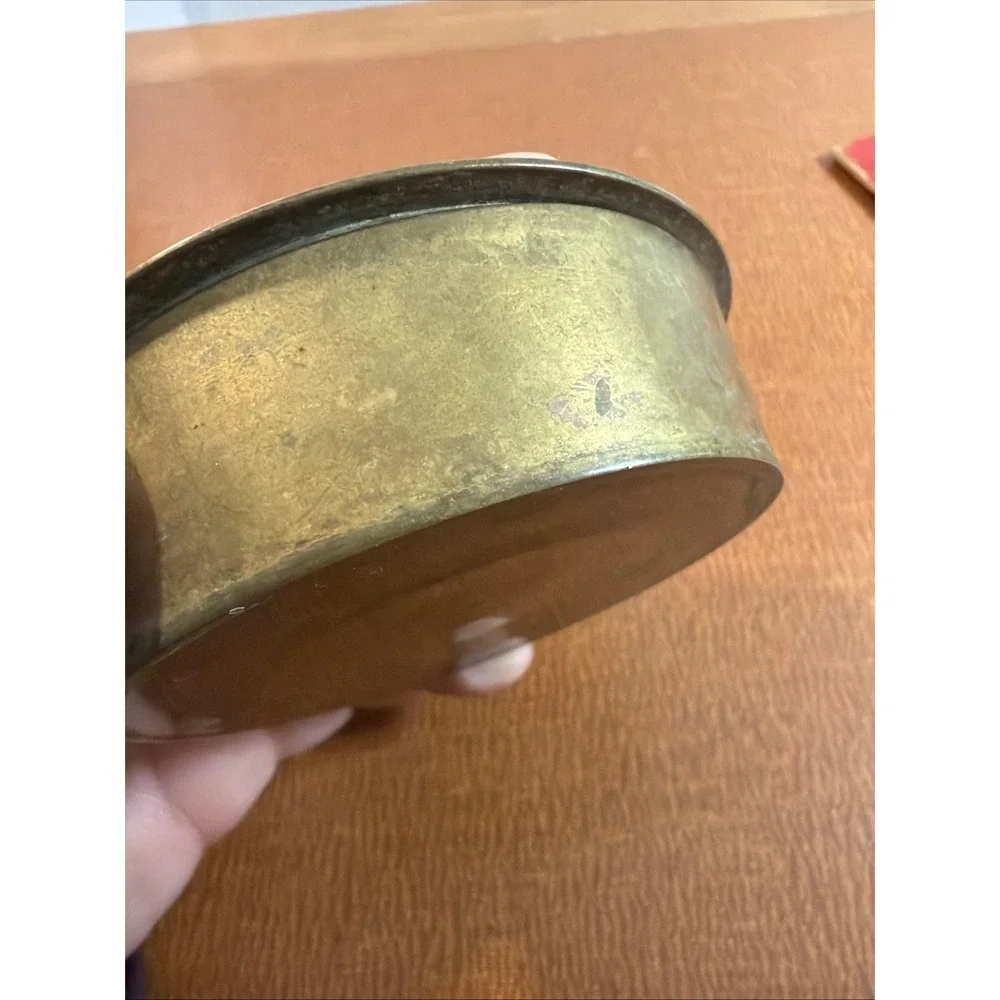 Vintage Round Brass Trinket Dish with Lid Painted Enamel Floral Design 4